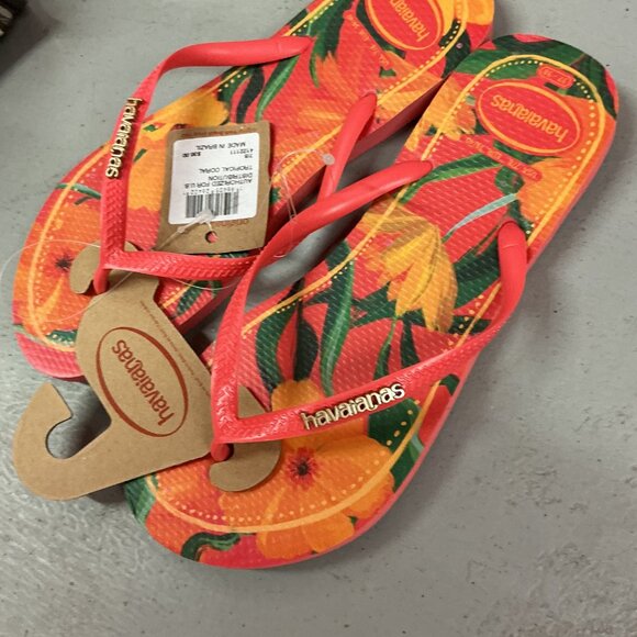 NWT Havaianas Slim Flip Flops Tropical Coral with Gold Metallic Logo on Strap - Picture 3 of 9